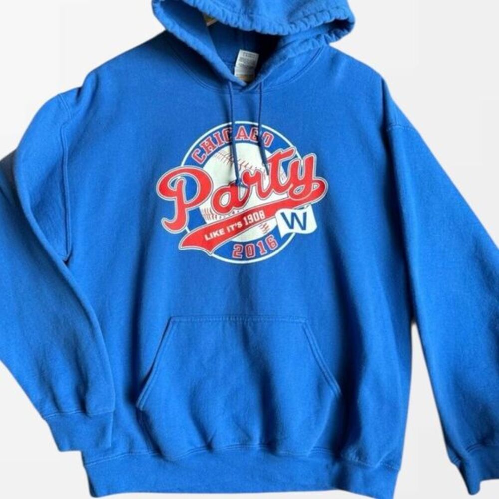 Gildan Hoodie Men's L Chicago Cubs 2016 Party 1908‎ Blue Baseball Y2K Sportswear